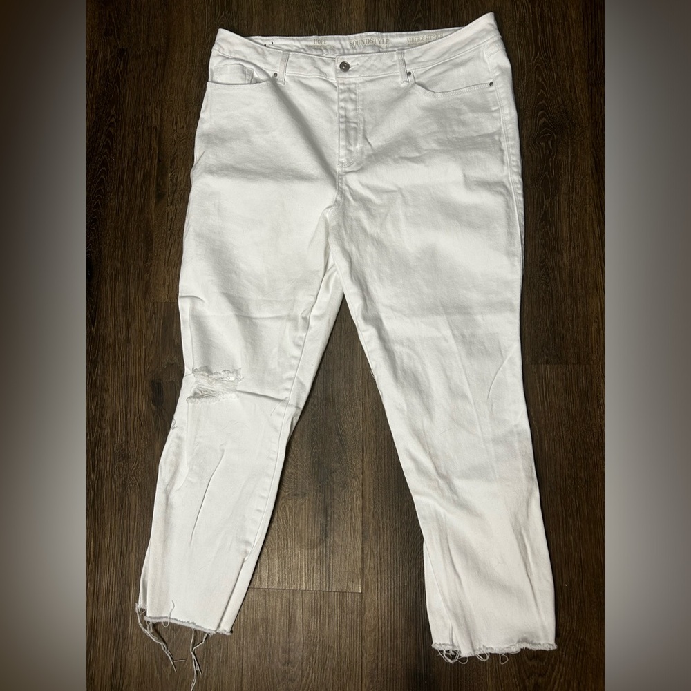 Sound Style‎ Slim Straight Stretch High Rise Distressed Crop Jeans White Size 16